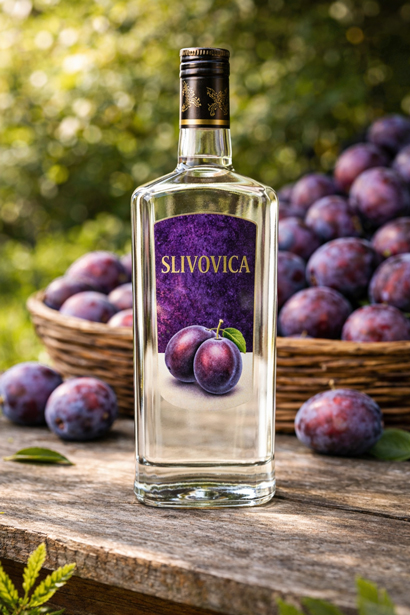 Fľaša slivovice s minimalistickou etiketou a slivkami v pozadí na drevenom stole v exteriéri.