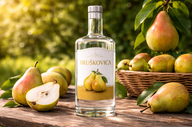 Fľaša hruškovice umiestnená na drevenom stole s čerstvými hruškami a košíkom v pozadí.