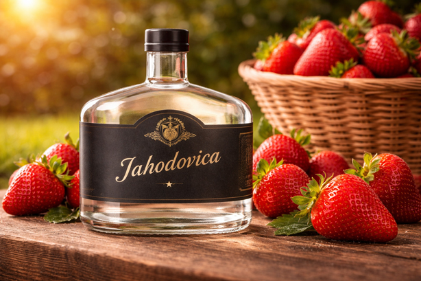 Fľaša jahodovice na drevenom stole obklopená čerstvými jahodami a košíkom plným ovocia.