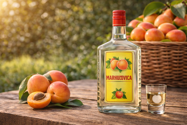 Fľaša marhuľovice na drevenom stole s čerstvými marhuľami a košíkom plným marhúľ v pozadí.